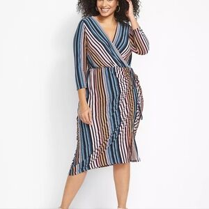 Multicolored striped dress with adjustable ruching from Lane Bryant.